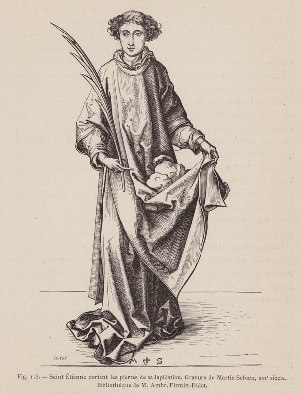 St Stephen carregando folha de palmeira de um mártir e as pedras usadas em seu martírio (gravura) de European School