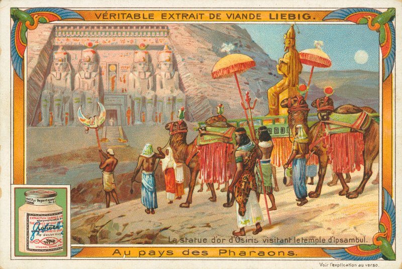 Estátua de Osíris visitando o templo de Ipsambul, cartão Liebig, início do século XX (cromo) de European School