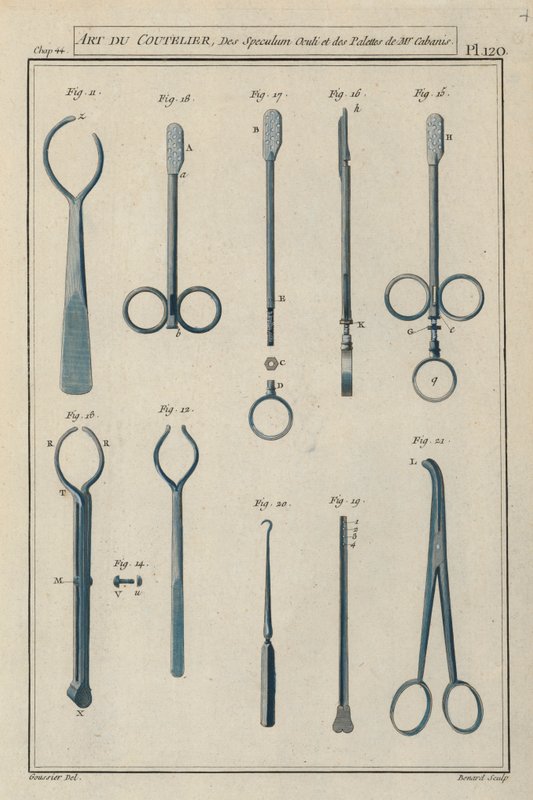 Instrumentos cirúrgicos utilizados pelo cirurgião francês Pierre Jean Georges Cabanis (gravura a cores) de European School
