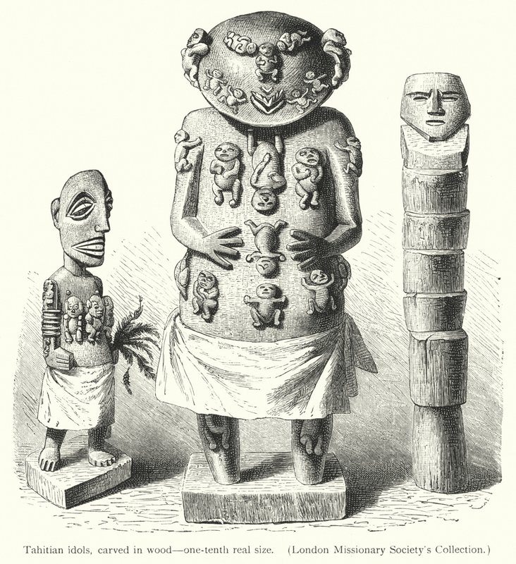 Ídolos taitianos, esculpidos em madeira (gravura) de European School