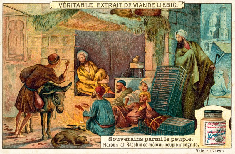 O califa abássida Harun al-Rashid misturado com o seu povo incógnito (chromolitho) de European School