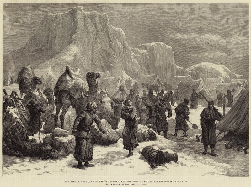 A Guerra do Afeganistão, Campo da 3ª Goorkhas na neve no Sultão Mohammed (gravura) de European School