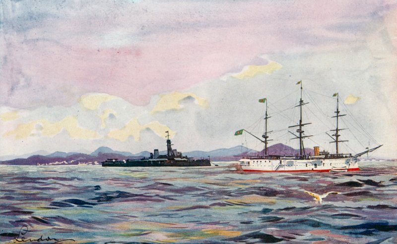 O Cruzador de Treinamento "Benjamin Constant" e o Dreadnought "Minas Geraes" no porto do Rio (litografia colorida) de European School