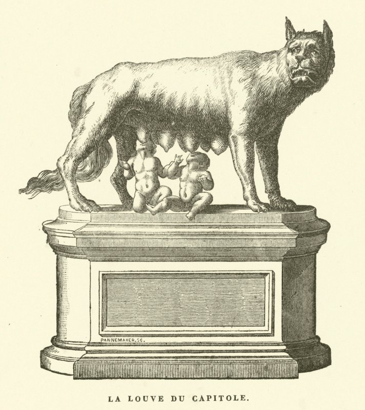 O Lobo Capitólio, escultura em bronze que retrata a loba que mama Rómulo e Remo, os gémeos fundadores de Roma (gravura) de European School