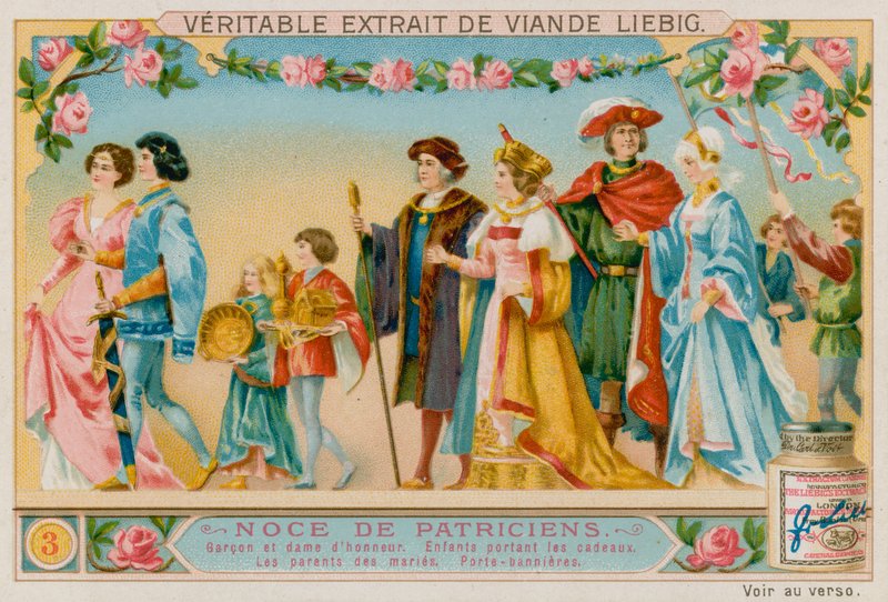 Os convidados de honra, crianças carregando os presentes, os pais da noiva e do noivo, Standard-Bearers de European School