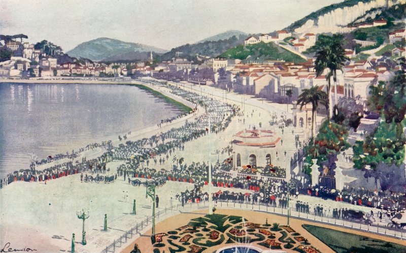 A Praia da Lapa e a Praça da Glória, Um vislumbre da Parada Militar no dia 15 de novembro, Aniversário da Fundação da República do Brasil (litografia a cores) de European School