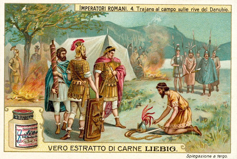 O Imperador Romano Trajano acampado nas margens do Danúbio (chromolitho) de European School