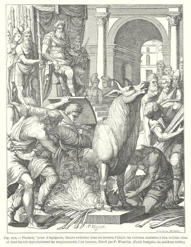 O touro descarado: instrumento de tortura e execução pelo fogo utilizado pelo tirano grego antigo Phalaris de Akragas (Agrigento), Sicília (gravura) de European School