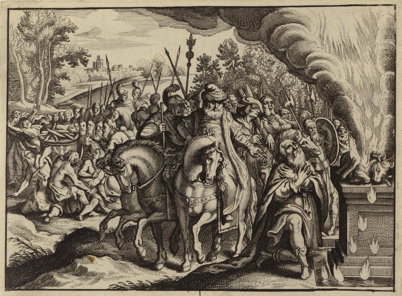 O fogo de Deus queimando o sacrifício de Elias em vez do de Baal (gravura) de European School