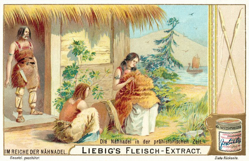 A agulha de costura em tempos pré-históricos (chromolitho) de European School