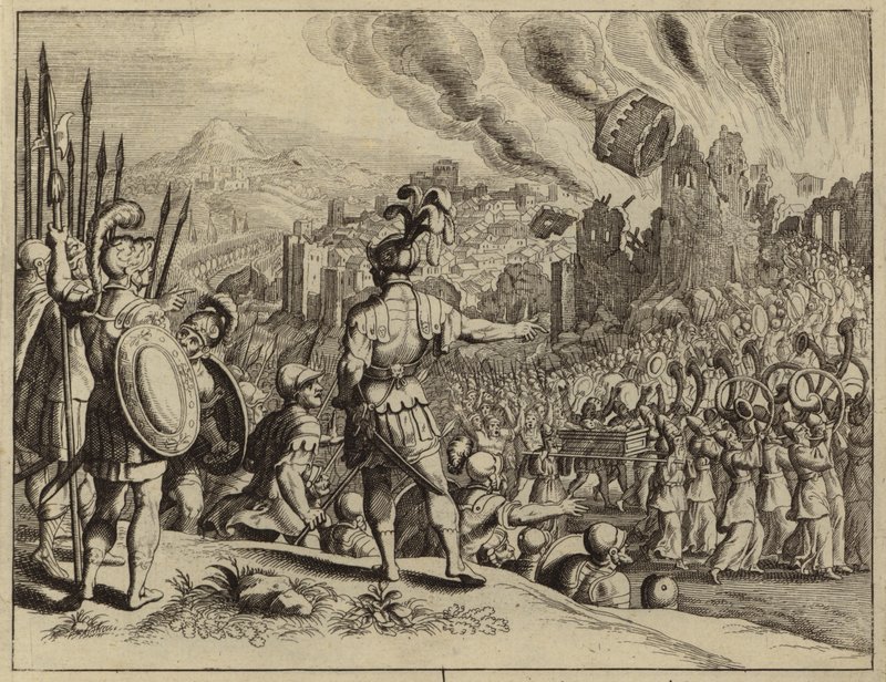 As trombetas de Josué derrubando as muralhas de Jericó (gravura) de European School