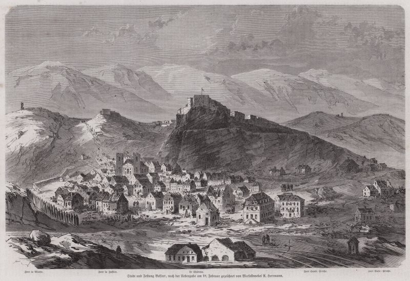 Cidade e fortaleza de Belfort, França, após sua rendição aos alemães sitiados, Guerra Franco-Prussiana de European School