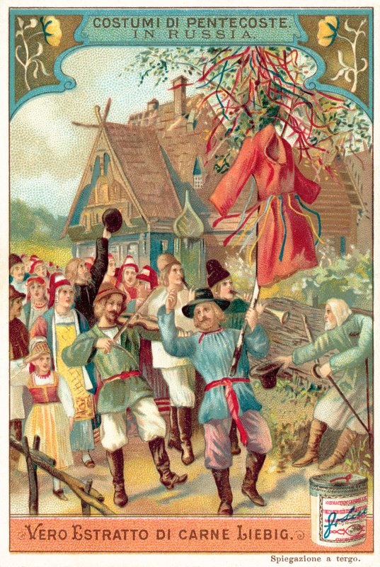Celebrações tradicionais do Pentecostes na Rússia (chromolitho) de European School