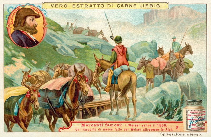 Transporte de mercadorias feito ??por Bartolomeus Welser através dos Alpes (chromolitho) de European School
