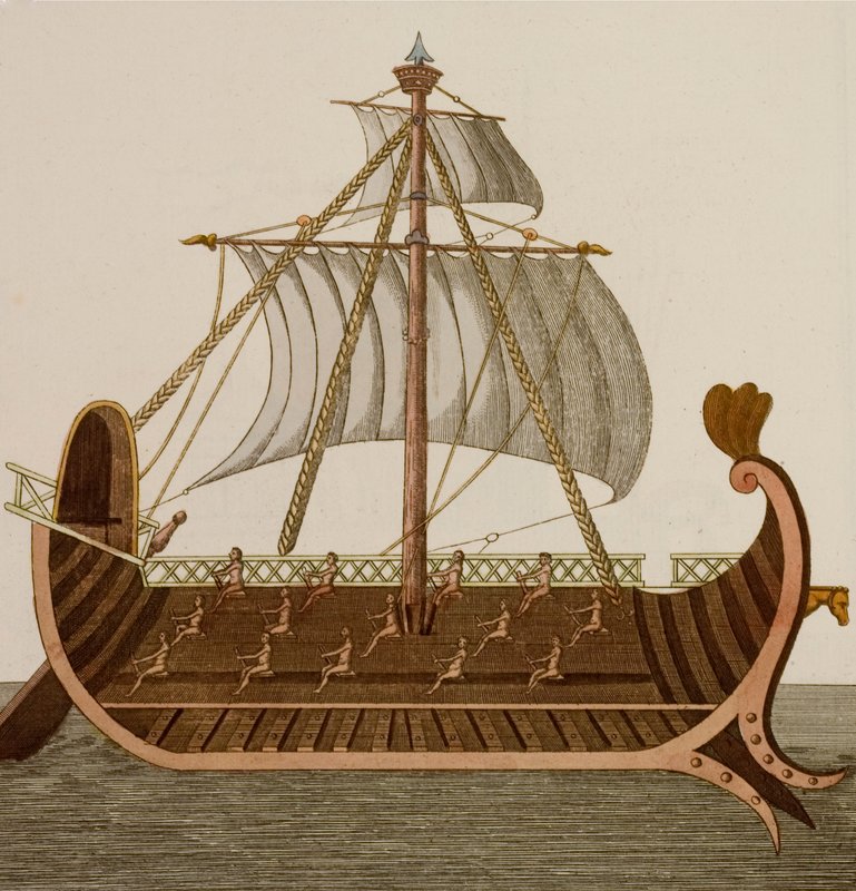 Trireme, nave de guerra usada pelos antigos fenícios, gregos e romanos (gravura colorida) de European School