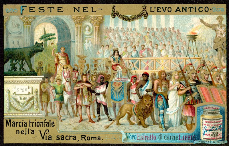 Marcha triunfante ao longo da Via Sacra, Roma (chromolitho) de European School