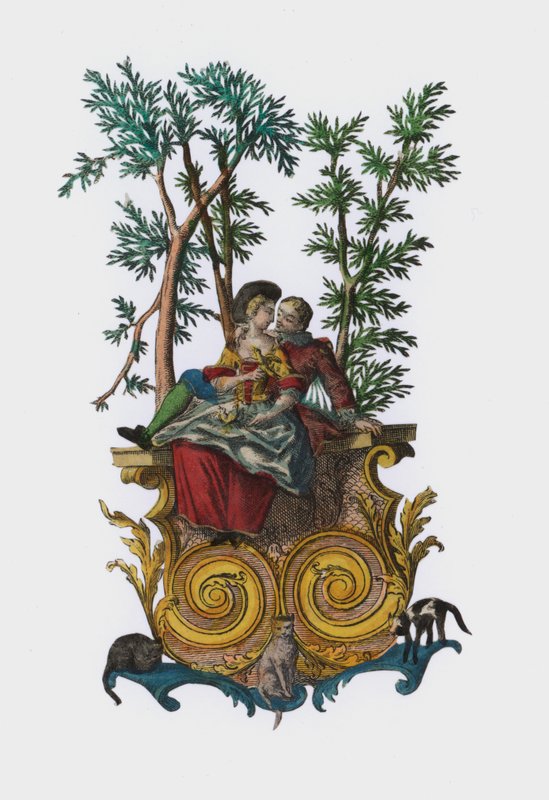 Dois amantes em um jardim (gravação colorida) de European School