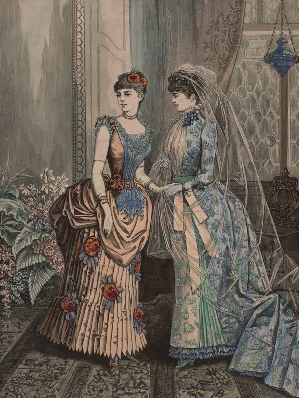 Duas mulheres, em, vitoriano, traje de European School