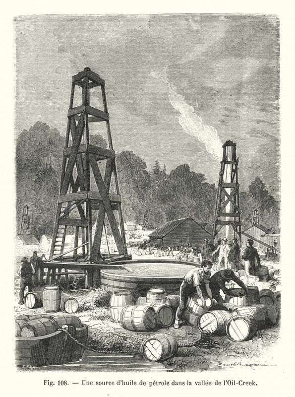 Uma fonte de petróleo no vale Oil-Creek (gravura) de European School
