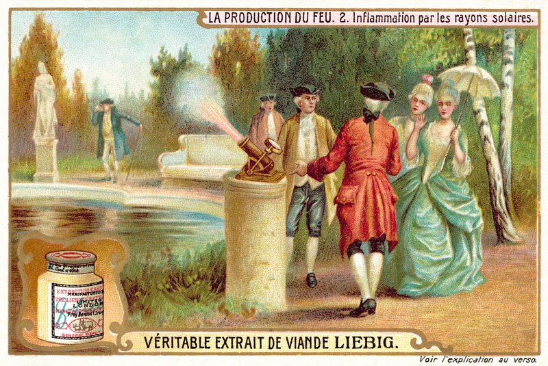 Usando os raios do Sol para acender um fogo (chromolitho) de European School
