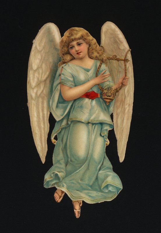 Sucata vitoriana: Anjo tocando harpa (chromolitho) de European School