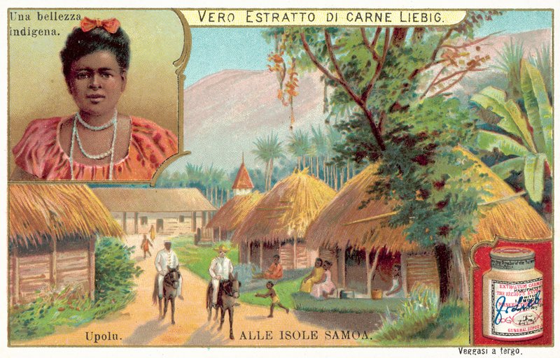 Aldeia na ilha de Upolu, Samoa (chromolitho) de European School