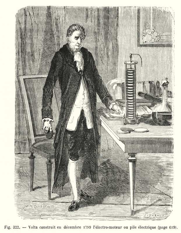 Volta construiu em Dezembro de 1799 o electro-motor ou bateria eléctrica (gravura) de European School