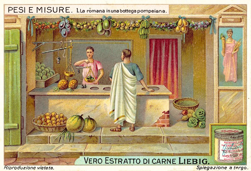 Pesagem de fruta numa loja em Pompeia (chromolitho) de European School