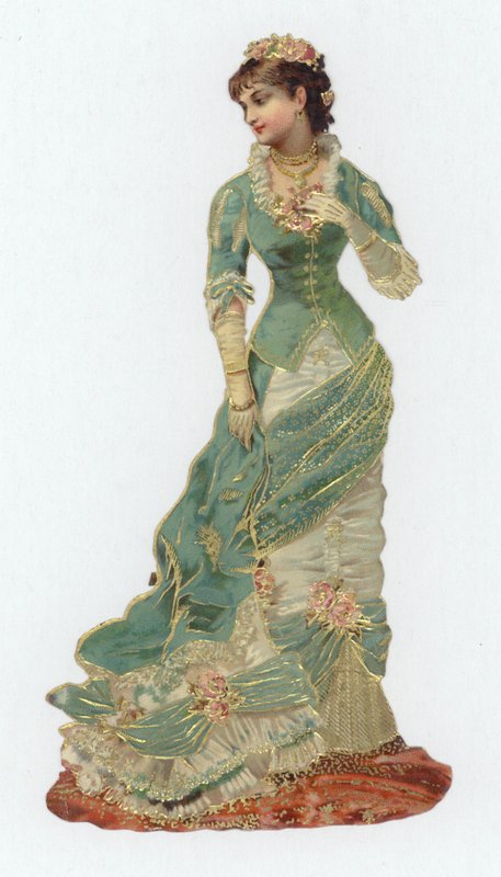Mulher de vestido vitoriano (chromolitho) de European School
