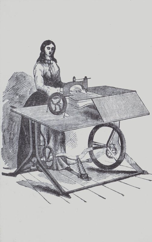 Mulher que usa uma máquina de costura (litho) de European School