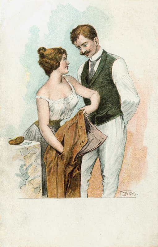 Mulher usa os seus truques femininos para tirar dinheiro do bolso de um homem (litografia a cores) de European School