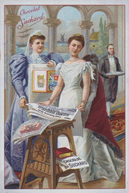 Mulher com um jornal, anúncio para o chocolate Suchard (chromolitho) de European School