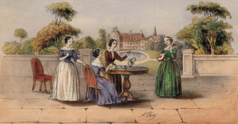 Mulheres bebendo chá ou café no jardim de uma casa de campo (cor litho) de European School