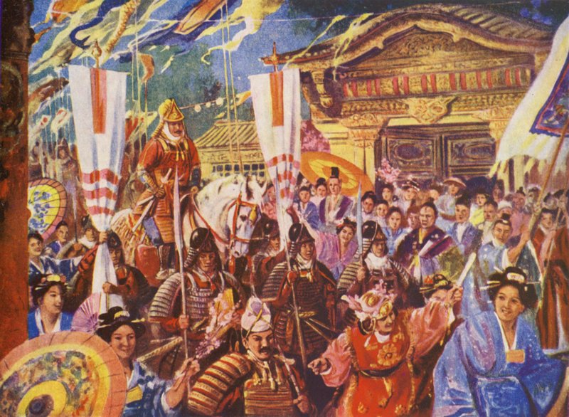 Yoritomo torna-se Shogun, 1192 d.C. (litografia a cores) de European School