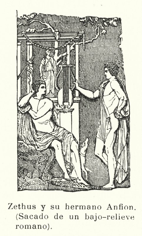 Zethus e Amphion, filhos gêmeos de Zeus, baixos-relevos romanos (litho) de European School