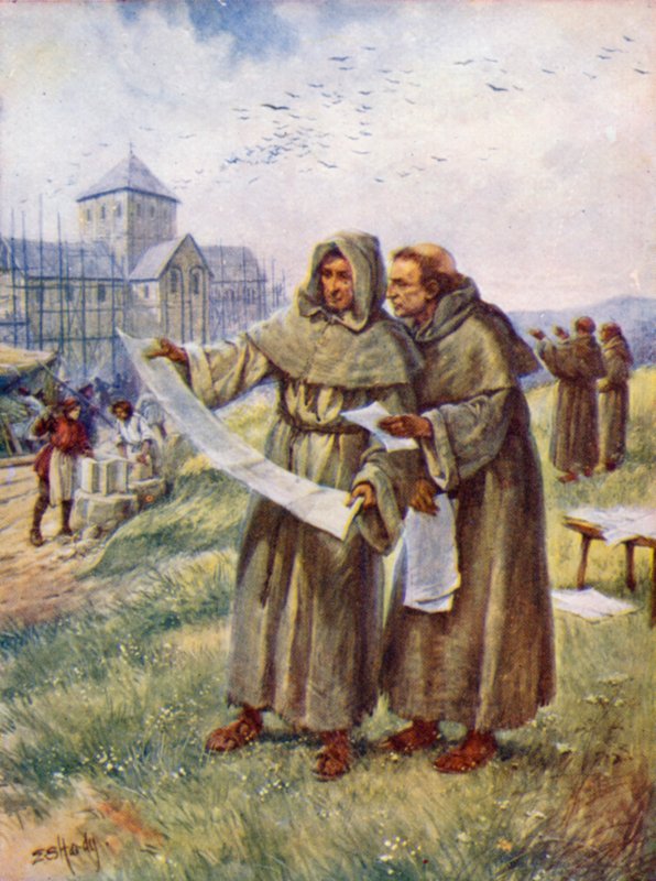 Construção de uma abadia (cor litho) de Evelyn Stuart Hardy