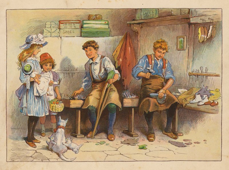 Pequenos Trabalhadores: O fabricante de botas e sapatos (litografia a cores) de Evelyn Stuart Hardy