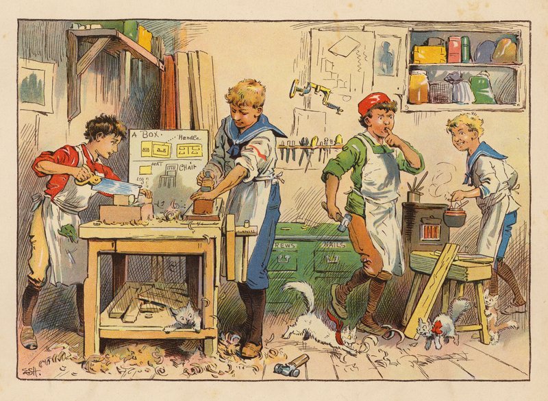 Pequenos Trabalhadores: O Carpinteiro (litografia a cores) de Evelyn Stuart Hardy