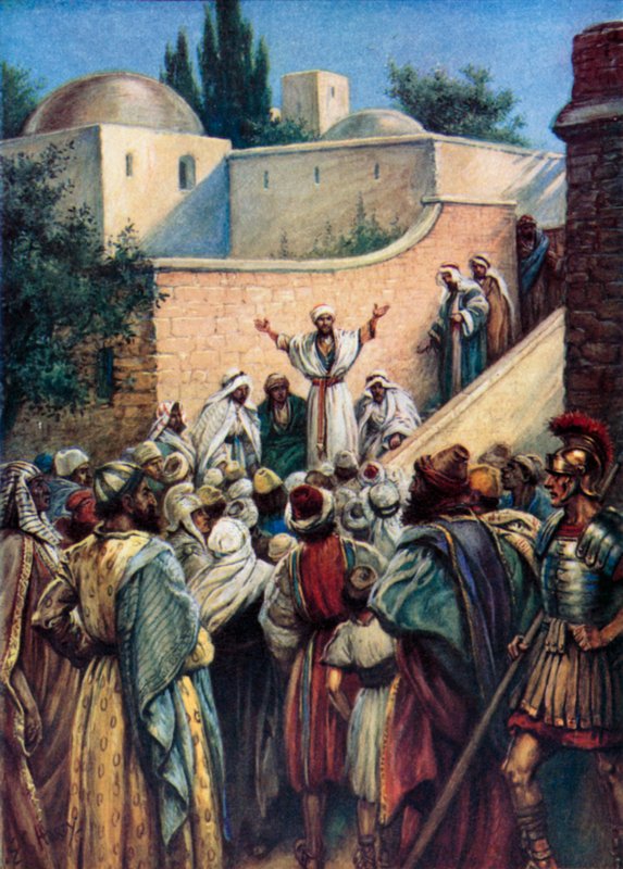Pedro fala-lhes de Jesus (cor litho) de Evelyn Stuart Hardy