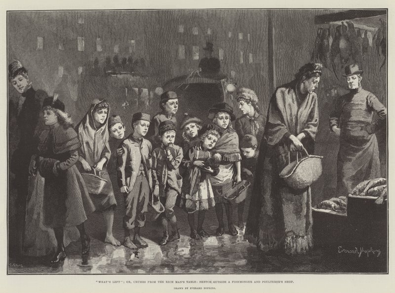 O que sobrou; ou, migalhas da mesa do homem rico, esboço fora de uma peixaria e loja de Poulterer de Everard Hopkins