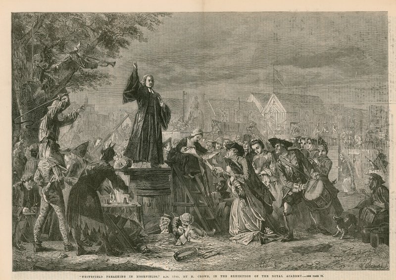 George Whitefield pregando em Moorfields, 1742 d.C. - na exposição da Academia Real (gravura) de Eyre Crowe