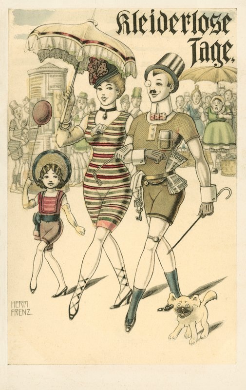 Casal alemão e a sua filha em roupa interior (litografia a cores) de F.F.