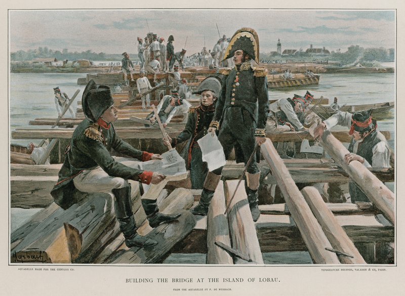 Construindo a ponte na ilha de Lobau de Felicien baron de Myrbach-Rheinfeld