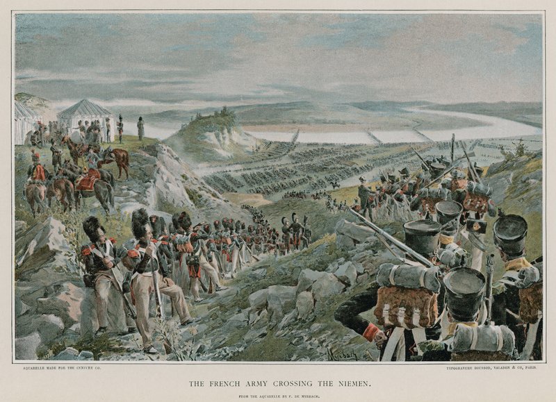 Exército Francês cruzando o Niemen de Felicien baron de Myrbach Rheinfeld