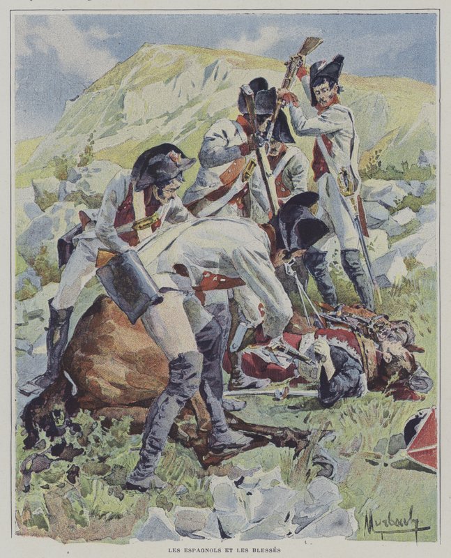 Soldados espanhóis matando soldados feridos de Felicien baron de after Myrbach Rheinfeld