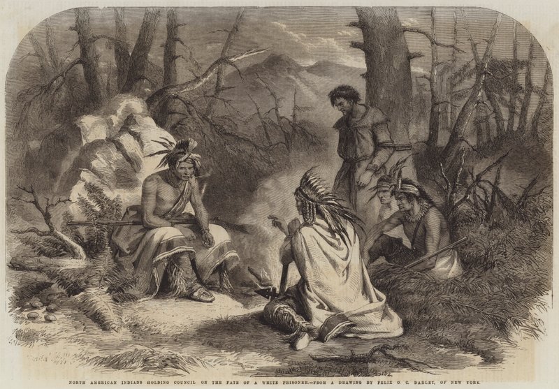 Índios norte-americanos que detêm o Conselho sobre o destino de um prisioneiro branco de Felix Octavius Carr Darley