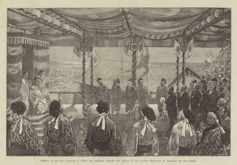 Abertura da Primeira Ferrovia no Japão, Sr. Marshall lendo o Endereço dos Comerciantes Líderes de Yokohama para o Mikado de Felix Regamey
