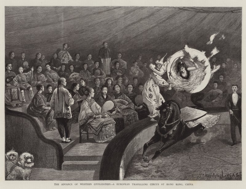 O avanço da civilização ocidental, um circo itinerante europeu em Hong Kong, China de Felix Hippolyte Lucas
