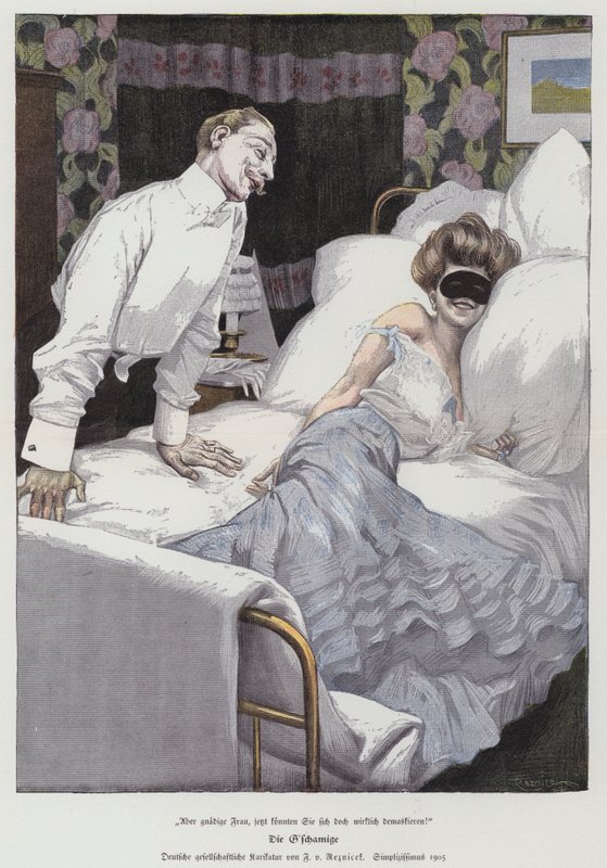 Homem falando com uma mulher mascarada na cama, 1905 de Ferdinand von Reznicek