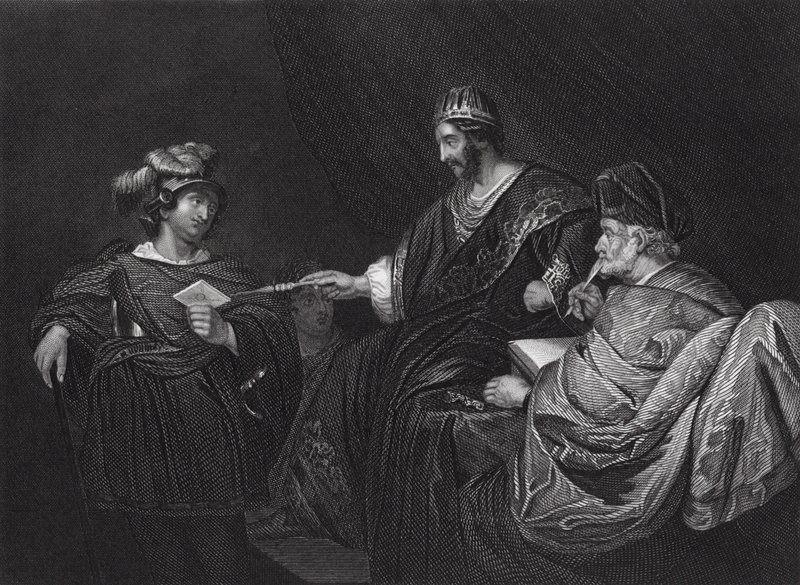 David enviando uma carta a Joab por Urias, II Samuel, cap. XI, v 14 (gravura) de Ferdinand (after) Bol